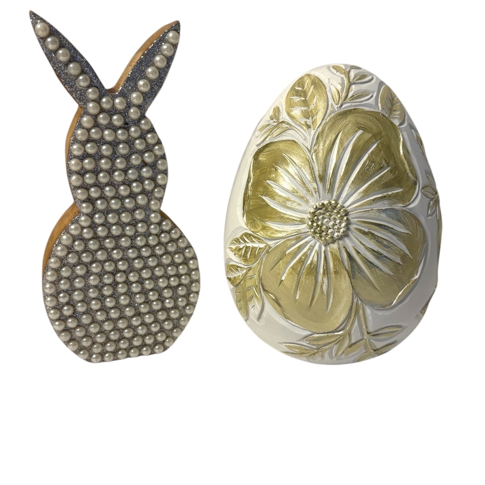 Elegant Pearl-Embellished Bunny and Hand-Painted Wooden Egg With Floral Design